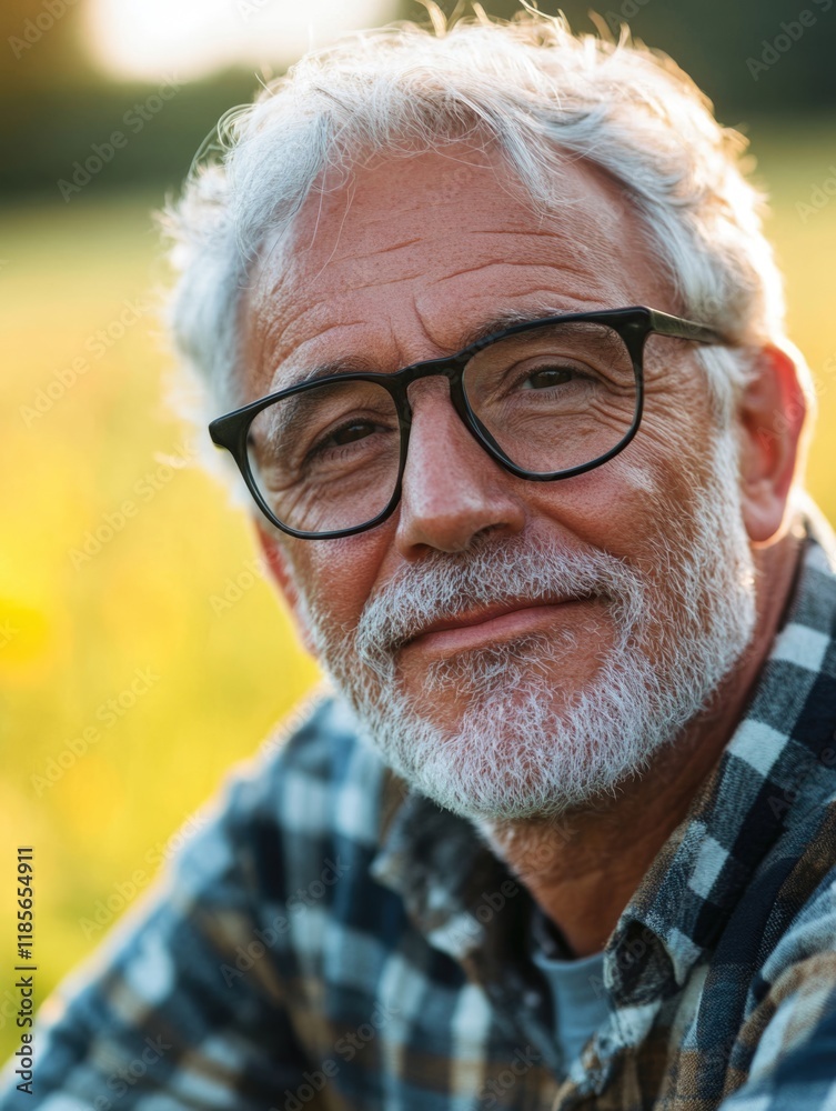 Senior man with glasses smiling in outdoor field during sunset, showcasing warm golden light and gentle blurred background for copyspace. Senior man with glasses smiling in outdoor field during sunset, showcasing warm golden light and gentle blurred background for copyspace.