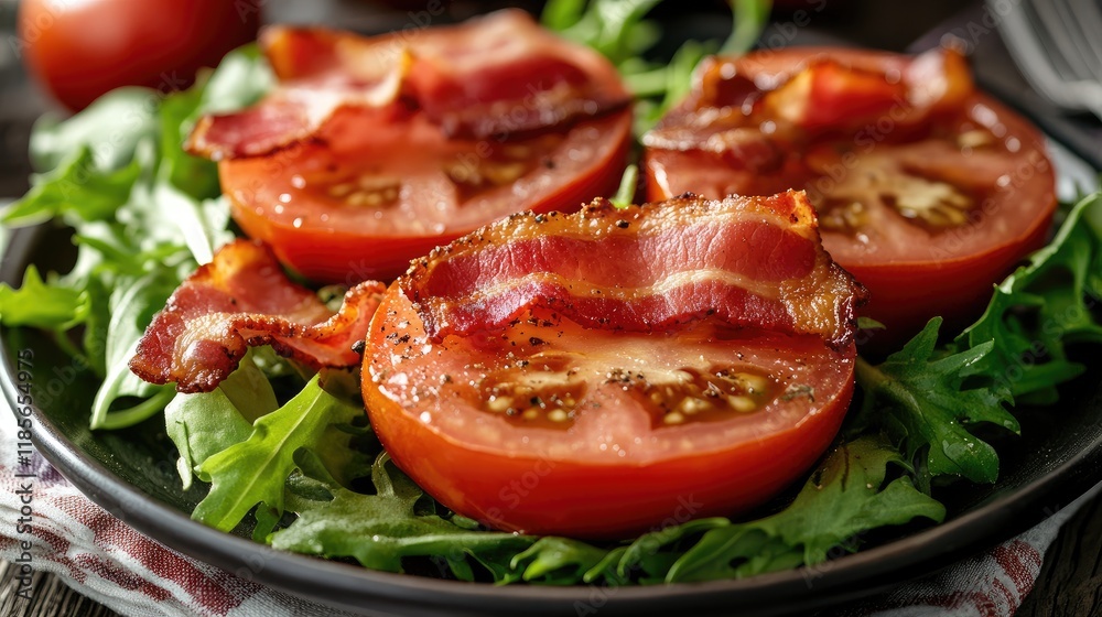 Ripe tomatoes topped with crispy bacon served on a bed of fresh salad greens for a delicious and vibrant presentation Ripe tomatoes topped with crispy bacon served on a bed of fresh salad greens for a delicious and vibrant presentation