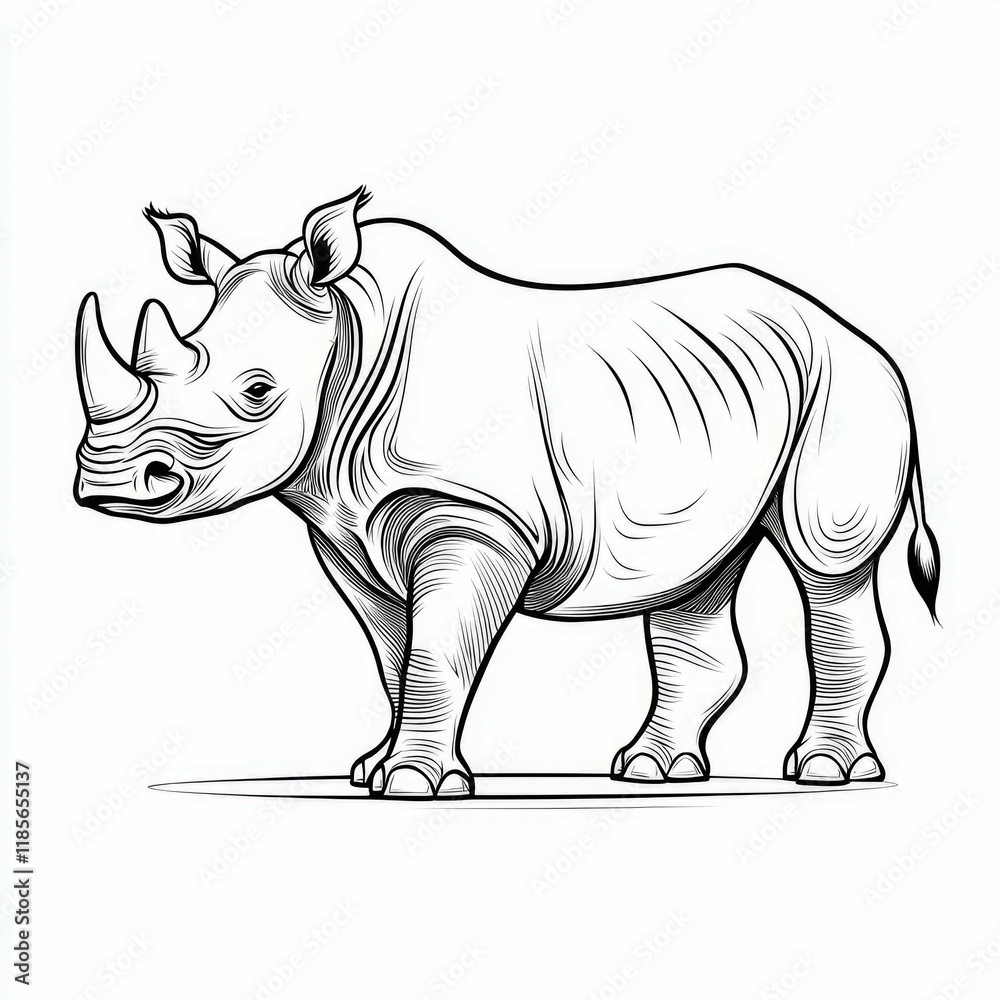 Obraz premium Majestic Rhino: A Stunning Black and White Line Art Drawing of a Rhinoceros