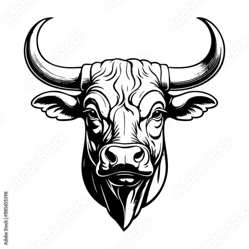 bull portrait sketch engraving black and white outline. Scratch board imitation.