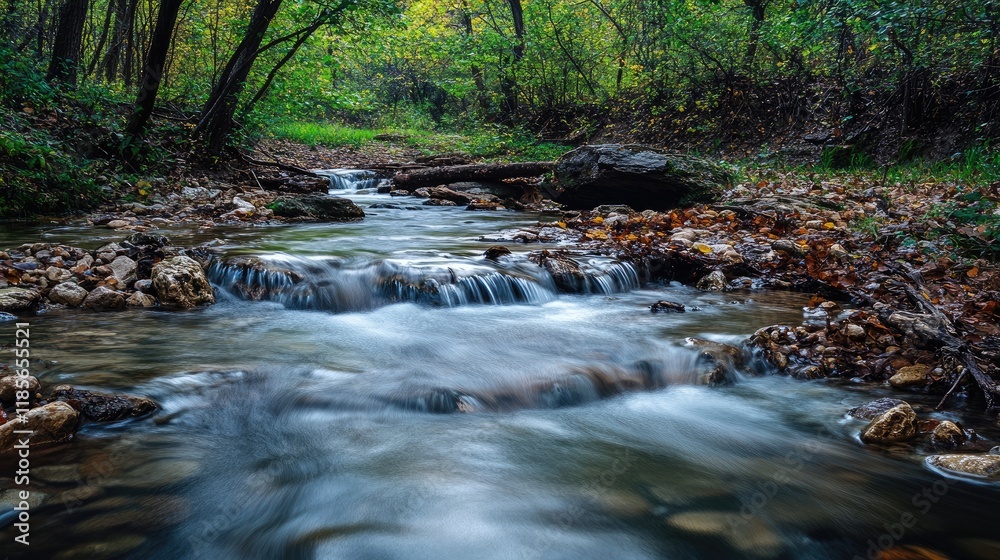 Fototapeta premium Serene forest stream flowing over rocks surrounded by lush greenery in a tranquil woodland setting
