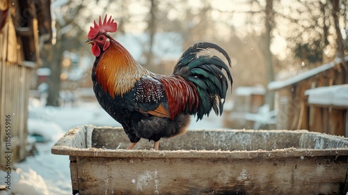 Colorful rooster perched in feeding trough during winter, showcasing vibrant feathers in a rustic poultry setting with snow. photo