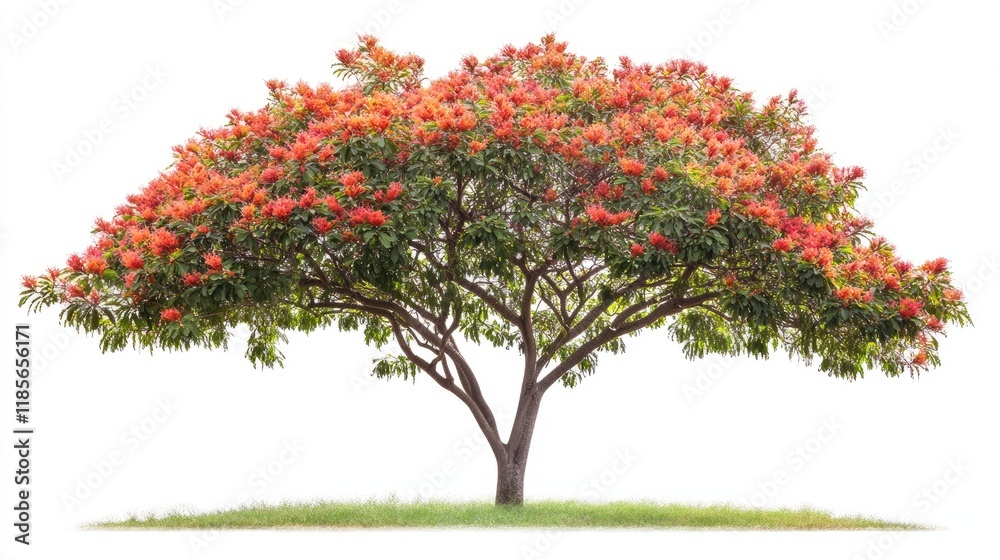 Royal Poinciana tree with vibrant red flowers on white background showcasing natural beauty and elegance in a serene environment. Royal Poinciana tree with vibrant red flowers on white background showcasing natural beauty and elegance in a serene environment.