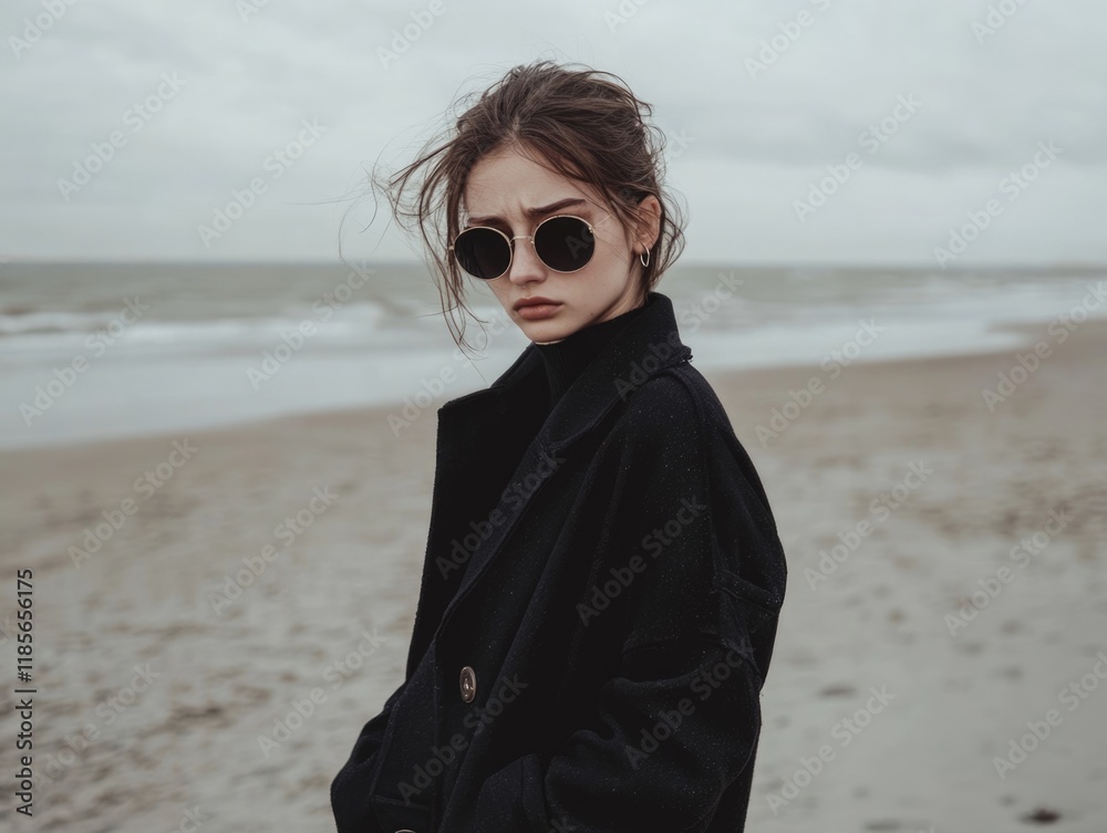 Fototapeta premium fashionable portrait of a young brunette woman wearing black jeans T-shirt and coat with round sunglasses against an empty beach backdrop on a cold overcast autumn day