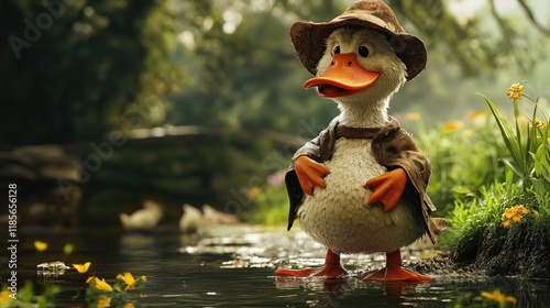 Quirky animated duck character dressed as a farmer standing by a serene pond surrounded by flowers in a whimsical countryside setting photo