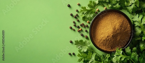 Wallpaper Mural Coriander leaves and curry powder on vibrant green backdrop with blank area for text showcasing culinary ingredients and seasonings Torontodigital.ca