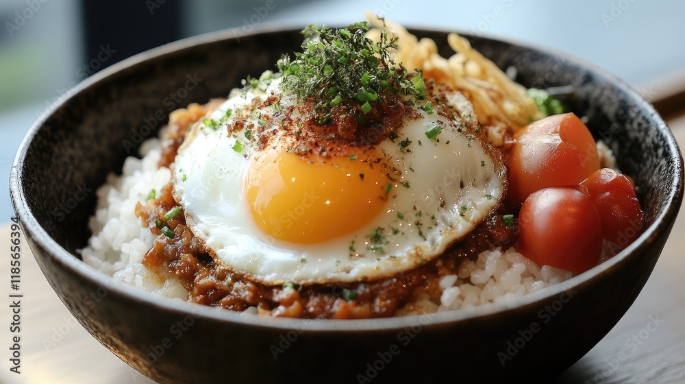 Colorful Rice and Vegetable Bowl Topped with a Perfect Sunny Side Up Egg for a Healthy and Delicious Meal Colorful Rice and Vegetable Bowl Topped with a Perfect Sunny Side Up Egg for a Healthy and Delicious Meal