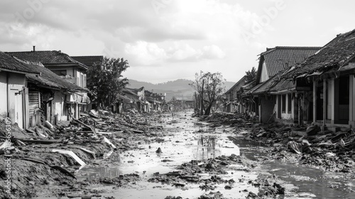 Desolate flood ravaged town showcasing destruction and debris in a black and white landscape aftermath of natural disaster. photo