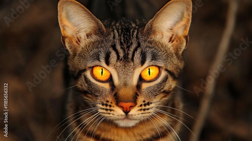 Majestic tabby cat with vibrant golden eyes showcasing a focused expression against a dark background highlighting its striking features photo