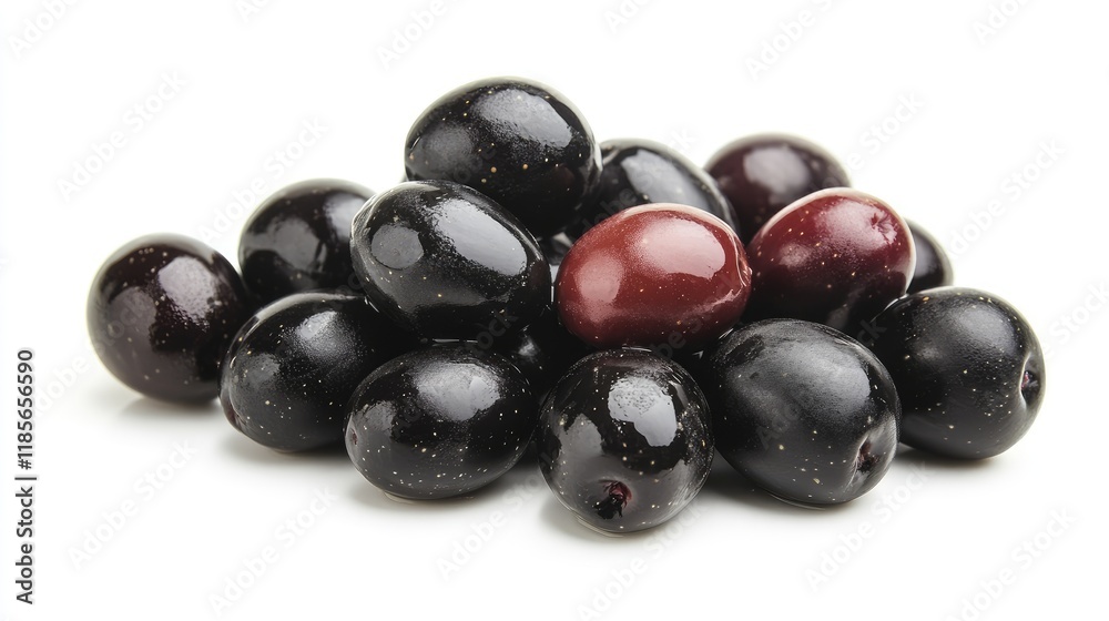 Ripe black and green olives clustered together on a white background showcasing their glossy texture and rich color. Ripe black and green olives clustered together on a white background showcasing their glossy texture and rich color.