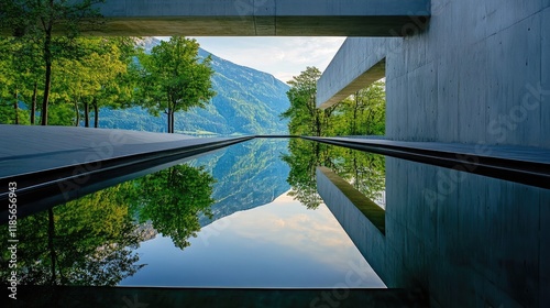 Symmetrical reflection of nature in tranquil waters with lush trees and mountains creating a serene recreational atmosphere