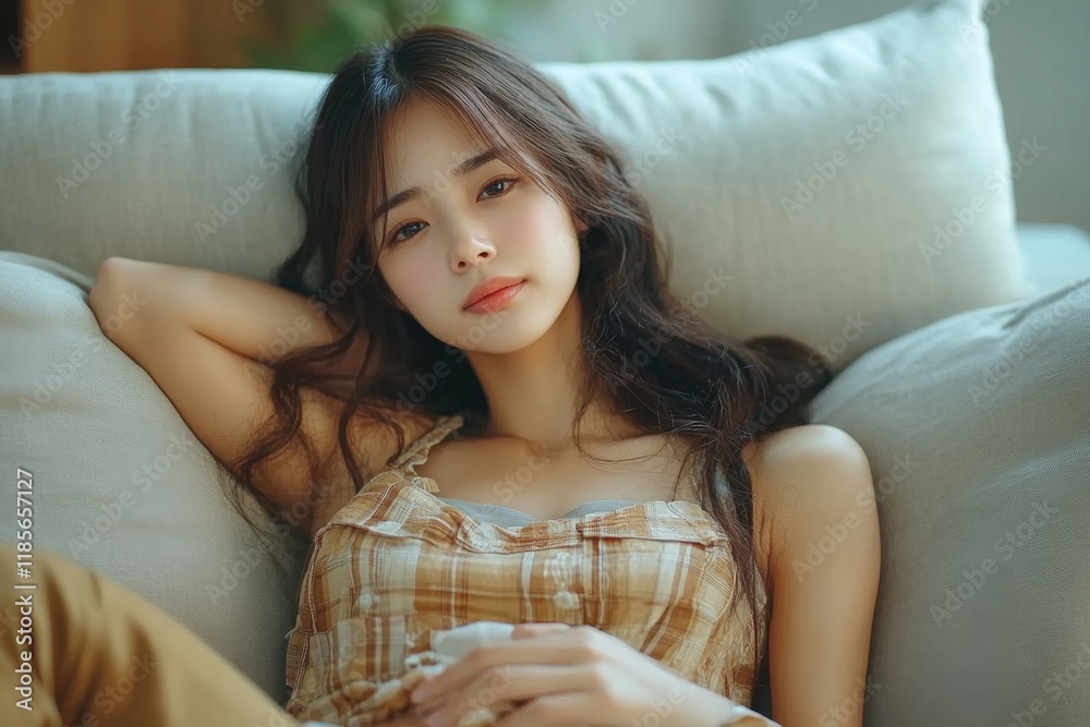 Young Asian woman suffers from stomachache while lying down on sofa at home. Generative AI Young Asian woman suffers from stomachache while lying down on sofa at home. Generative AI
