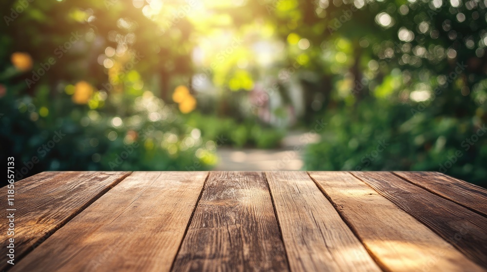 Wooden Tabletop Surrounded by Lush Greenery Ideal for Product Presentation in Natural Outdoor Setting Wooden Tabletop Surrounded by Lush Greenery Ideal for Product Presentation in Natural Outdoor Setting