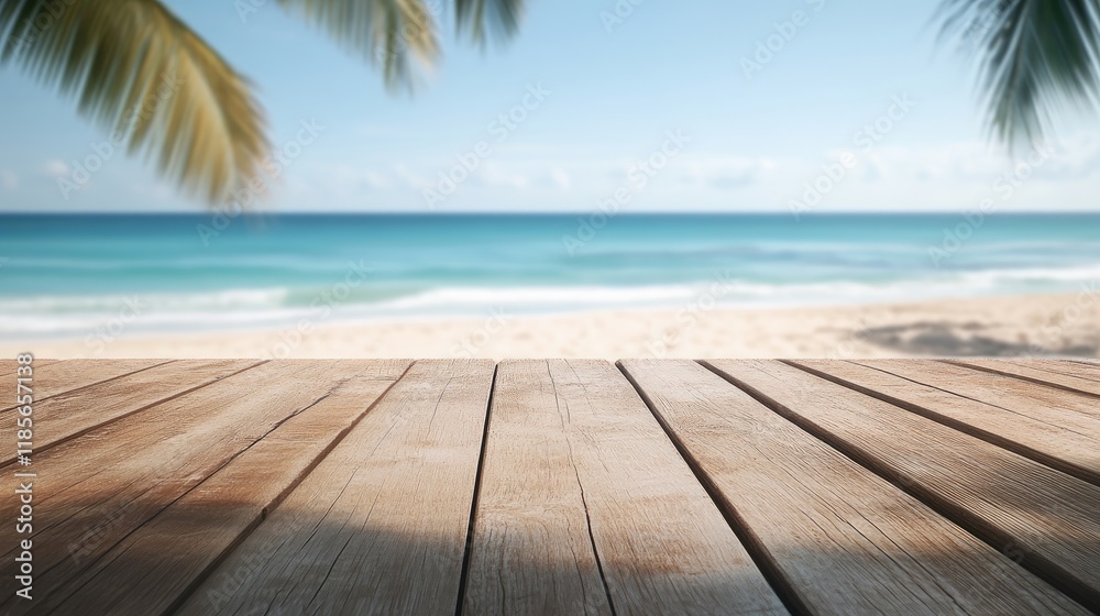Fototapeta premium Serene Empty Wooden Terrace Overlooking a Blurred Tranquil Beach Scene with Gentle Waves and Palm Trees in the Background