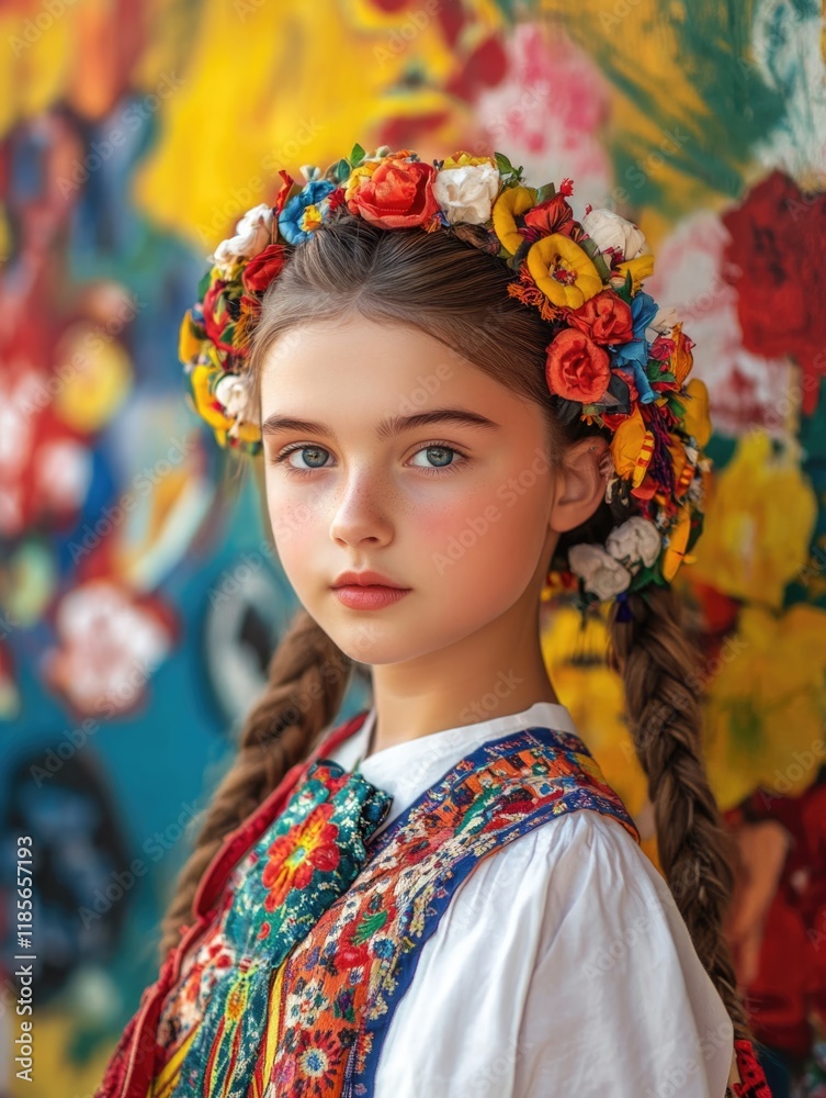 Girl in traditional Ukrainian dress, vibrant floral crown, colorful abstract background, portrait format, ample copy space, natural lighting. Girl in traditional Ukrainian dress, vibrant floral crown, colorful abstract background, portrait format, ample copy space, natural lighting.