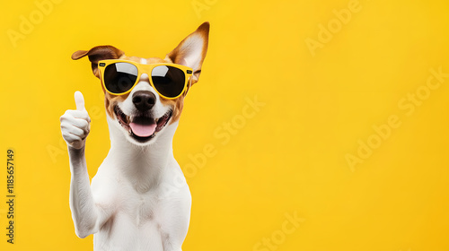 A Joyful Dog Sports Sunglasses and Gives a Thumbs Up Against a Bright Yellow Background, Radiating Fun and Happiness.