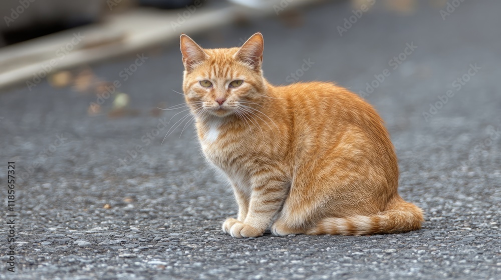 Ginger domestic cat sitting calmly on a street surrounded by soft natural light and a blurred urban backdrop. Ginger domestic cat sitting calmly on a street surrounded by soft natural light and a blurred urban backdrop.