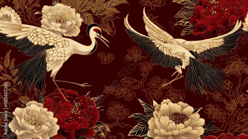 Elegant cranes amidst vibrant peonies traditional art asian inspiration floral background visual harmony cultural significance photo