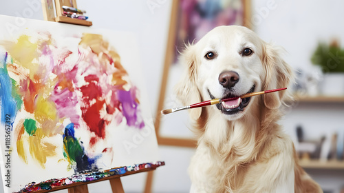 A playful golden retriever proudly holds a paintbrush in its mouth, embodying the spirit of creativity and fun in a vibrant art space.