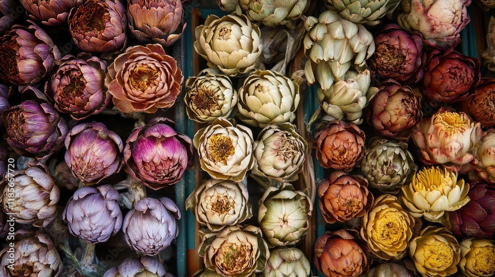 Vibrant display of dried artichoke flowers in an artistic arrangement at a farmers market for a colorful natural aesthetic Vibrant display of dried artichoke flowers in an artistic arrangement at a farmers market for a colorful natural aesthetic