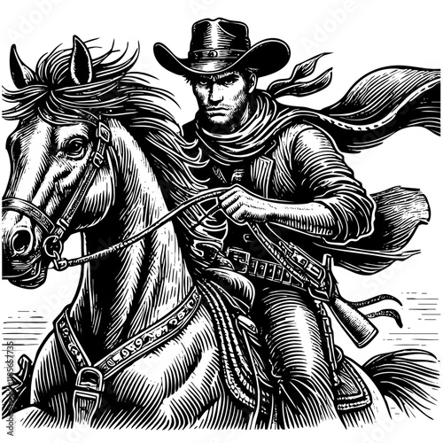 cowboy riding horse on desert sketch engraving black and white outline. Scratch board imitation.
