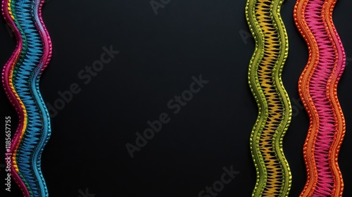 Colorful ric rac trim on black background showcasing vibrant patterns and providing ample space for text or design elements. photo