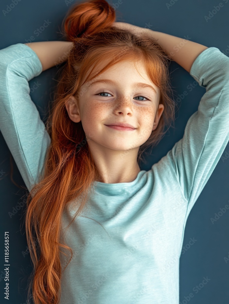 Child stretching with arms behind her head, featuring a cheerful expression and long red hair, against a solid color background, ideal for text overlay, wellness, fitness, relaxation, kids. Child stretching with arms behind her head, featuring a cheerful expression and long red hair, against a solid color background, ideal for text overlay, wellness, fitness, relaxation, kids.