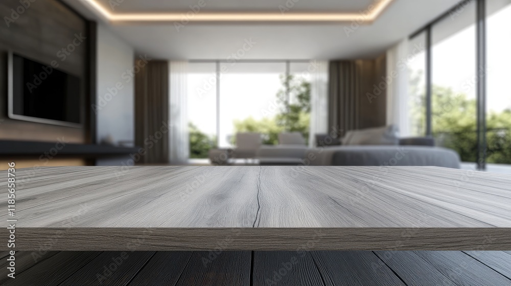 Fototapeta premium Modern Empty Wooden Tabletop for Product Display in Blurred Bright Kitchen and Living Room Environment