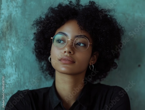 Attractive African American female student with curly hair and round spectacles, focused and listening intently, reflecting concentration in an academic setting, education, learning, portrait, thought photo