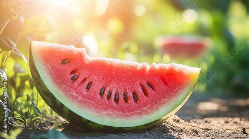 Freshly harvested watermelon slice in a garden setting with sunlight illuminating juicy red flesh and black seeds. Perfect for summer visuals. photo