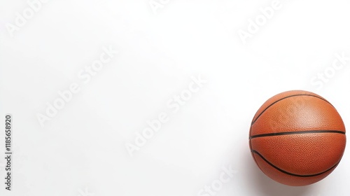 Dynamic basketball player in mid-throw against a clean white background, featuring a prominent orange basketball positioned in the lower right corner, ideal for advertisements and promotional content. photo