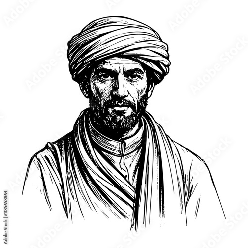 Arabian man wears keffiyeh engraving black and white outline. Scratch board imitation. illustrated in vintage line art style on a white background.
