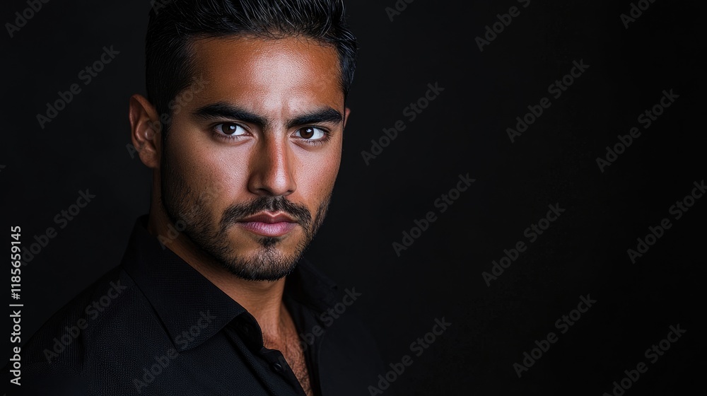 Obraz premium Fashion Studio Portrait of a Confident Man with Intense Expression in Black Shirt Against Dark Background