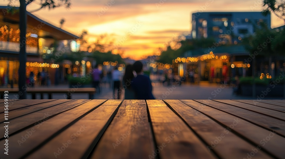 Fototapeta premium Wooden Table in Focus with Blurred Sunset Shopping Mall Background Evoking a Vintage Christmas Atmosphere