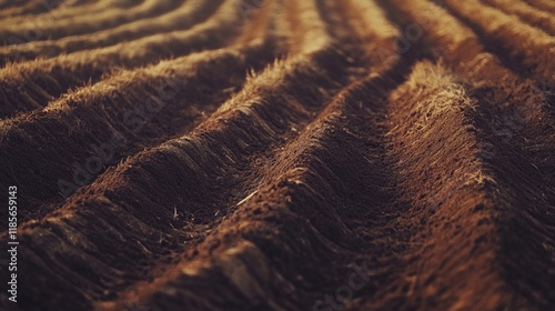 Furrowed soil texture in a plowed field prepared for planting crops showcasing agricultural practices and land management techniques. photo