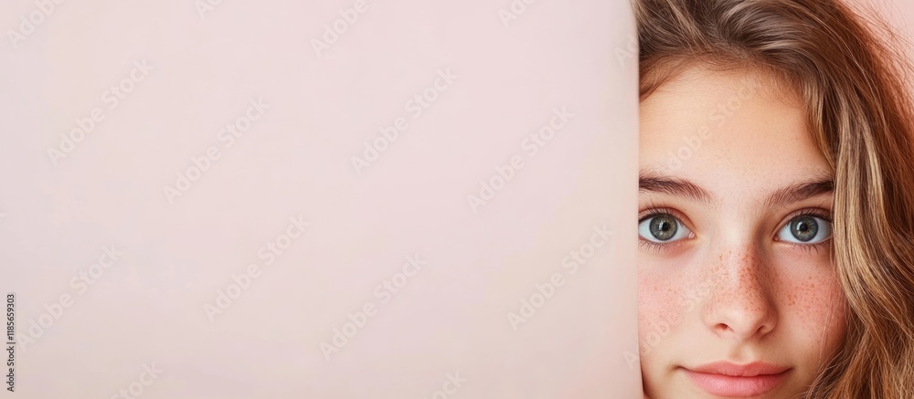 Self portrait of beautiful teenage girl with long wavy hair peeking from behind pastel background with ample empty space for text in bright lighting. Self portrait of beautiful teenage girl with long wavy hair peeking from behind pastel background with ample empty space for text in bright lighting.