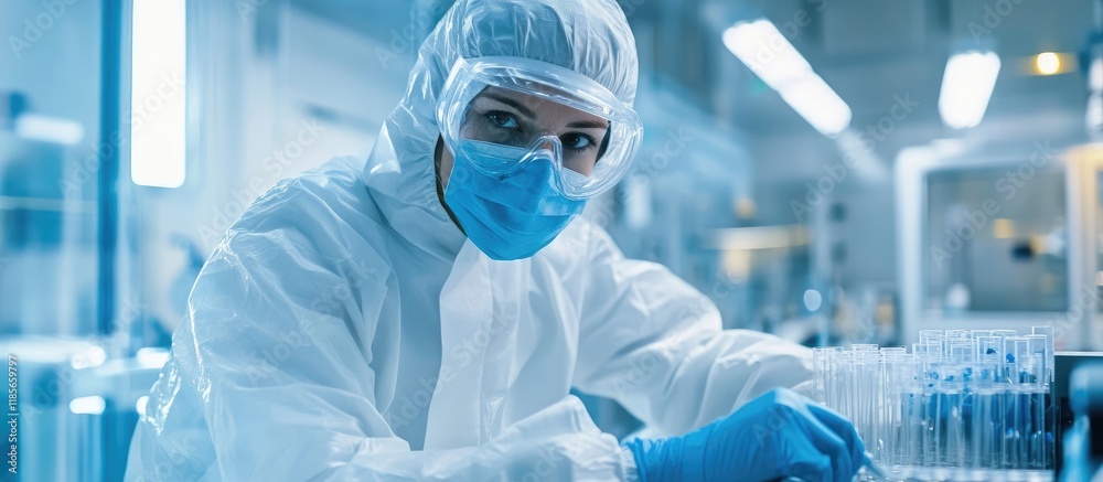 Fototapeta premium Laboratory technician in protective gear analyzing samples in a cleanroom environment with empty space for text and graphics