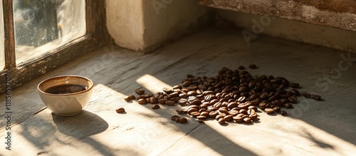 Roasted coffee beans scattered on a sunlit windowsill casting inviting shadows ideal for coffee lovers capturing warmth and aroma photo