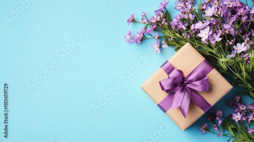 Purple bouquet with gift box on blue background spring festive celebration top view floral arrangement stock photo photo