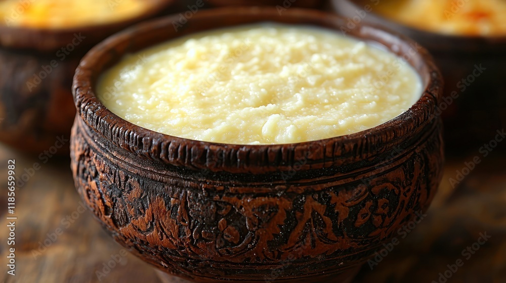 Creamy Rice Pudding in Ornate Bowl, Close-Up Food Photography Creamy Rice Pudding in Ornate Bowl, Close-Up Food Photography