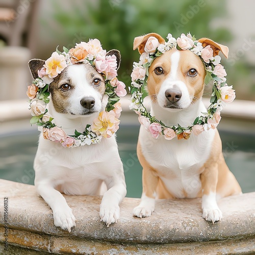 Two adorable dogs with flower crowns photo