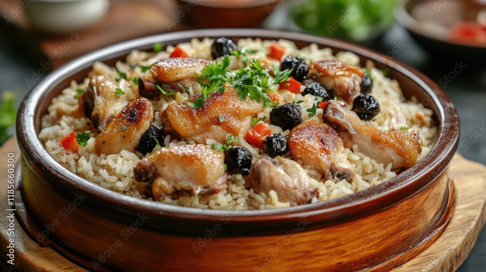 Traditional Asian rice dish featuring chicken wings, pork, and black mushrooms garnished with fresh herbs and vibrant vegetables Traditional Asian rice dish featuring chicken wings, pork, and black mushrooms garnished with fresh herbs and vibrant vegetables