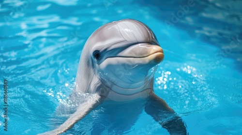 Graceful dolphin emerging from vibrant blue water creating a serene aquatic scene ideal for nature and marine life themes. photo