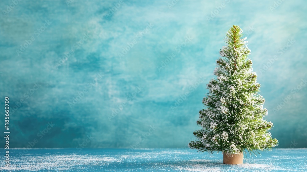 Miniature Snowy Christmas Tree on Blue Background with Textured Surface for Holiday Decoration and Seasonal Imagery Miniature Snowy Christmas Tree on Blue Background with Textured Surface for Holiday Decoration and Seasonal Imagery