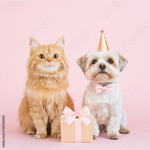 Adorable pets celebrating a birthday together. photo