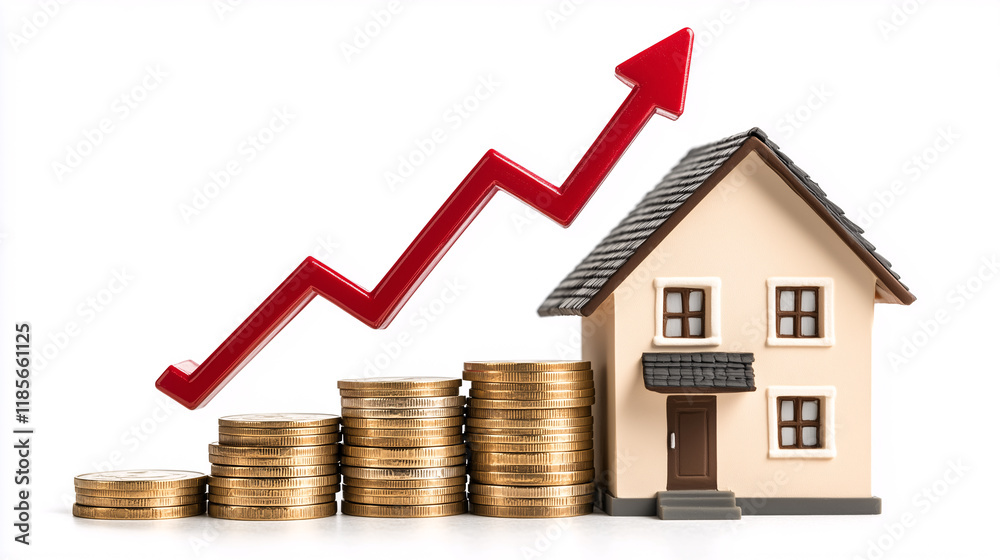 Model house with a rising red arrow and coin stacks. Real estate investment and property value appreciation, the concept of price appreciation of real estate and country houses. Model house with a rising red arrow and coin stacks. Real estate investment and property value appreciation, the concept of price appreciation of real estate and country houses.