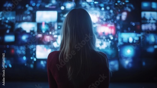 Caucasian Woman Viewing Interactive Multimedia Content in Dark Room with Blue Lighting Engaging with Digital Displays Streaming Videos and Emojis photo