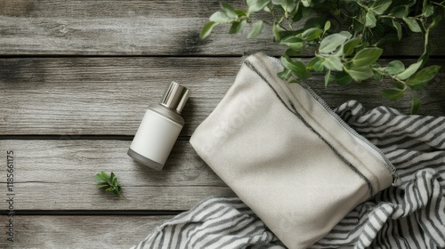 Crumpled striped shirt and cosmetic bag on rustic wooden table with greenery Beauty product display mockup for advertising and promotions photo