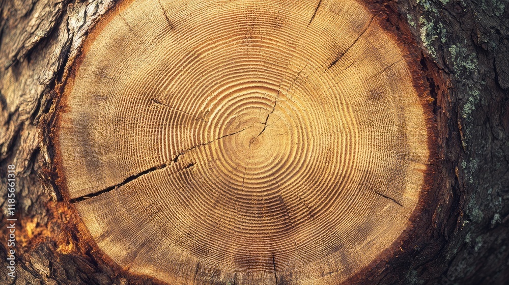 Fototapeta premium Tree trunk cross section highlighting distinct growth rings and natural textures illustrating age and environmental conditions.