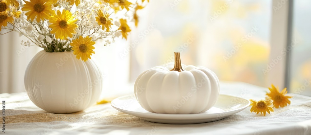 Autumn celebration table setting featuring a white pumpkin centerpiece and yellow flowers on a textile background with space for text. Autumn celebration table setting featuring a white pumpkin centerpiece and yellow flowers on a textile background with space for text.
